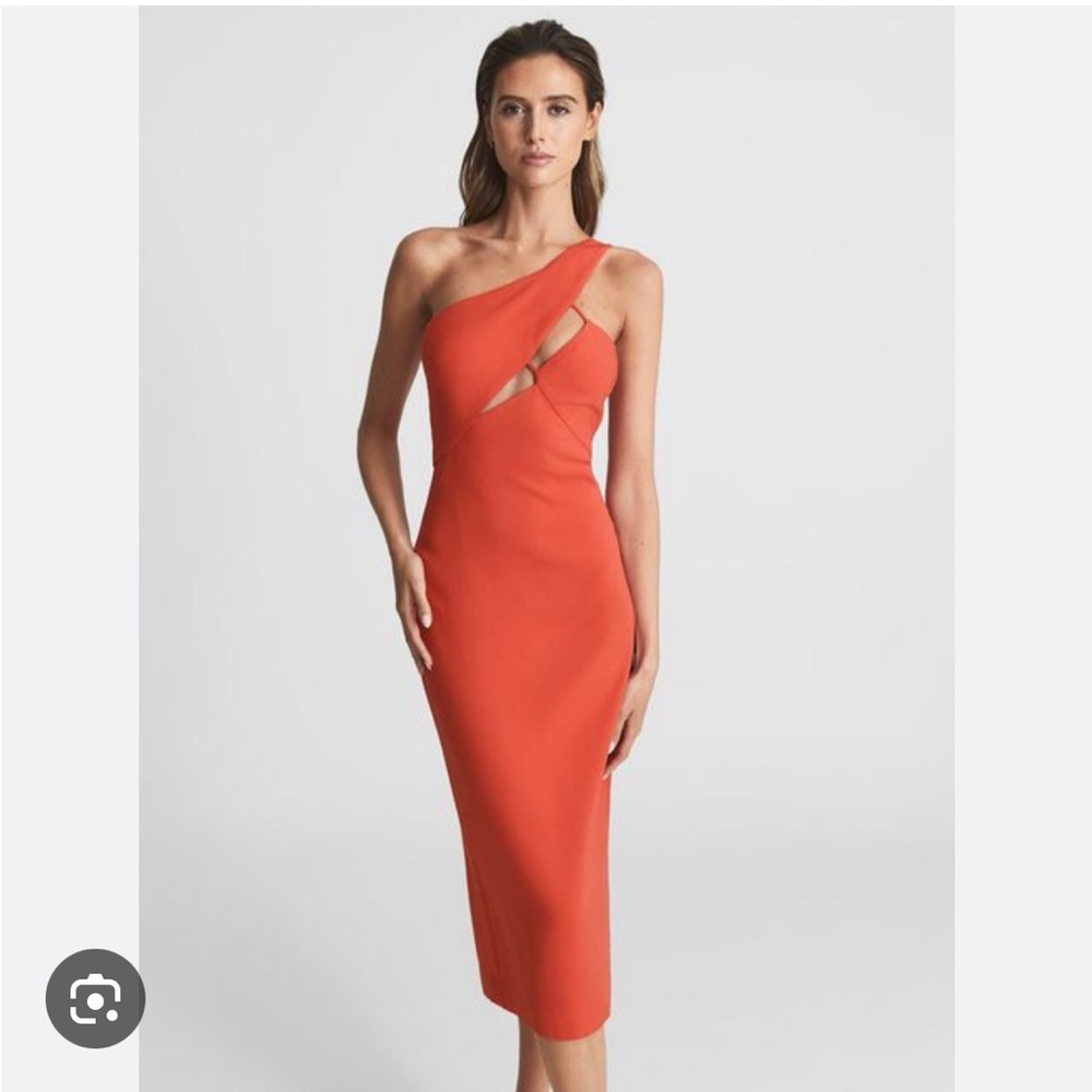 NEW! RARE 2025 Reiss One-Shoulder Cutout Midi Dress in Orange